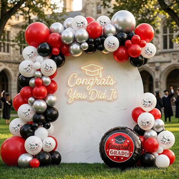 Red Black Silver Graduation Balloons, 60pcs Red Silver Black White Printed Balloons, Congrats Grad Foil Balloon for Graduation 2026 Decorations Celebration Anniversary Party Supplies
