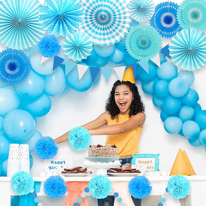 LRCXL Blue Party Decoration, 21Pcs Blue Hanging Paper Fans, Paper Pom Poms Flowers, Pennant, Garland String, Banner for Boy Birthday, Bridal Shower, Baby Boy Showers, Wedding