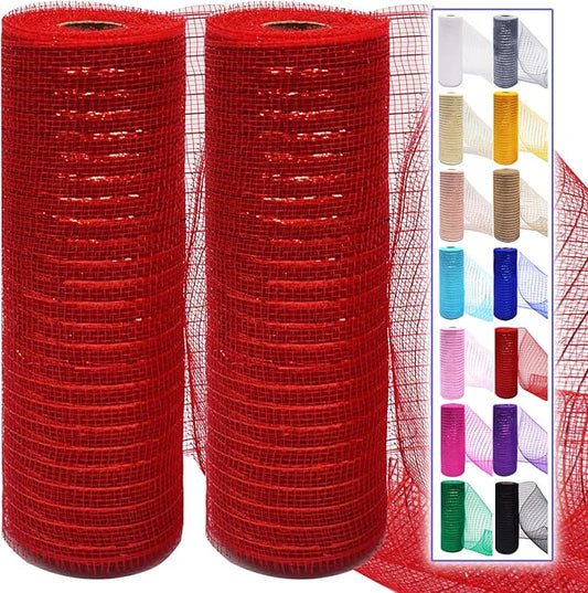 2 Pcs Red Deco Mesh Ribbon Rolls 10 Inch 10 Yards(30 ft) Decorative Mesh Fabric with Foil for Wreaths Christmas Tree Ribbon Door DIY Craft Halloween Decor Wedding Party Supplies (Red, 2Pcs)