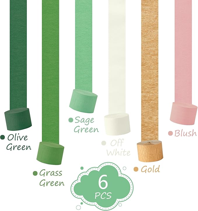 Streamers Party Decorations, 6 Rolls Sage Green Gold Pink Crepe Paper Streamers for Birthday Bachelorette Engagement Baby Shower Wedding Bridal Shower Woodland Jungle Shrek Safari Party Supplies