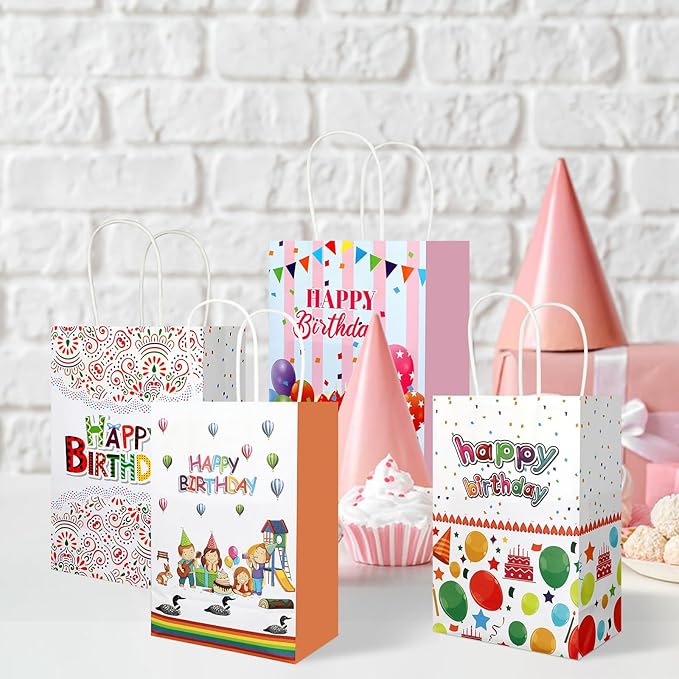 Ethanberg 20Pcs Birthday Gift Bags with Handles, Happy Birthday Paper Favor Bags, Birthday Paper Goodie Bags, Birthday Candy Treat Bags for Boys Girls Birthday Party Decorations Supplies