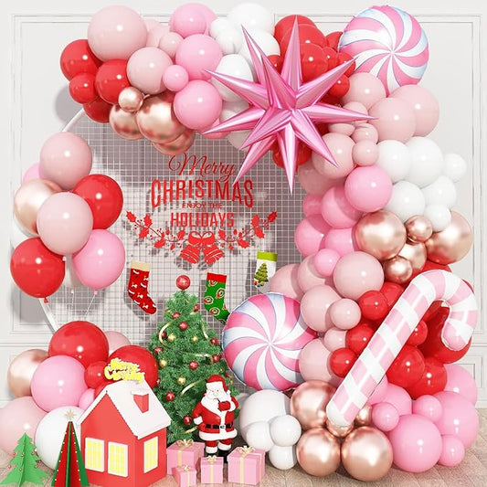 HILAVO Christmas Balloon Garland Arch Kit, 144PCS Red Pink Balloons Arch mit Pinwheel Candy Cane Star Foil Balloons for Christmas Girls Baby Shower Winter Holiday Birthday Party Decorations