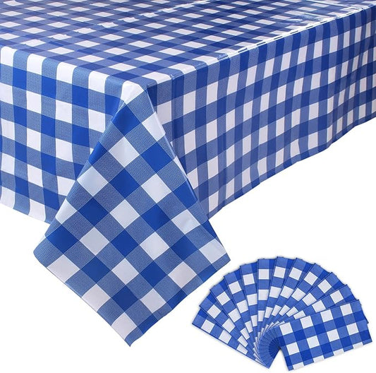 Kesfey 12 Packs Bule and White Checkered Tablecloths Party Picnic Disposable Table Covers 54 × 108 Inches Splashproof Plastic Checkered Gingham Tablecover for Outdoor Dinners Party Retro Celebrations