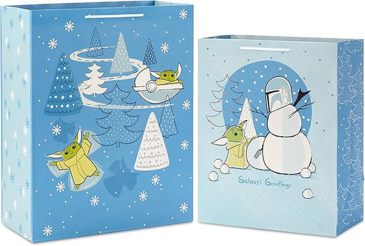 Hallmark Star Wars The Mandalorian Gift Bag Set (2 Bags: 1 Large 13", 1 XL 15") "Galaxy's Greetings, Grogu for Christmas, Birthdays, Grandkids, Fans, May the 4th