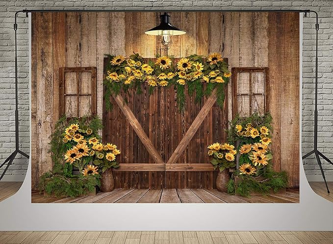Kate 10x10ft Spring Sunflowers Photography Backdrops Vintage Wood Wall Wooden Fence Birthday Party or Portrait Photo Background Studio