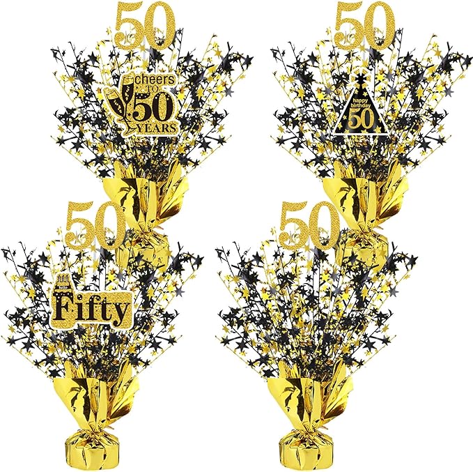 Tatuo 4 Pcs Metallic Foil Spray Centerpiece Happy 30th 40th 50th 60th Years Centerpiece Table Decorations for Black and Gold Birthday Anniversary Wedding Party Table Decor(50th Birthday)