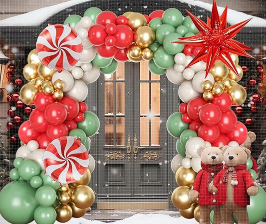 Christmas Balloon Arch Kit 171Pcs Sage Green Xmas Red White Sand and Gold Balloons with Round Candy and Explosion Star Balloons for Christmas New Year Holiday Birthday Party Decorations