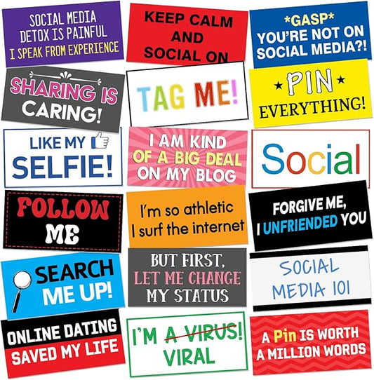 24 Designs Social Media Photo Booth Props Social Media Party Photo Booth Sign Decoration Double Sided 11x5.5 Inch Funny Props for Photoshoot DIY Waterproof Selfie Signs for Graduation Party Supplies