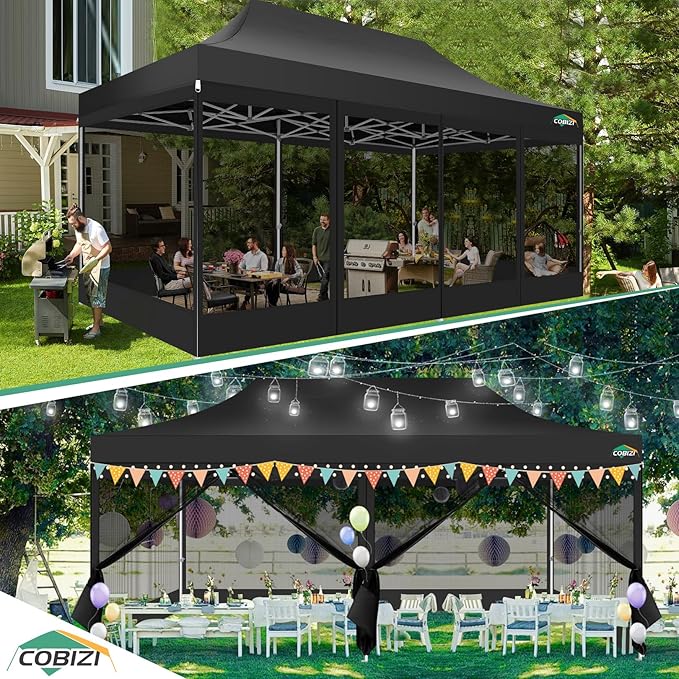 COBIZI 10x20 Heavy Duty Pop up Canopy with 6 Sidewalls, Canopy Tent with Mosquito Netting, Easy up Screen Party Tent for Parties Wedding Outdoor Patio Commercial Gazebo with Roller Bag, Black