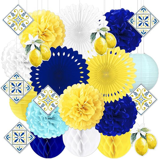 23pcs Amalfi Coast Party Decorations - Capri Lemon Yellow Blue White Hanging Paper Lanterns, Fans, Pom Poms, Honeycomb for Birthday, Baby Shower, Mediterranean, Italian Summer Themed Decor