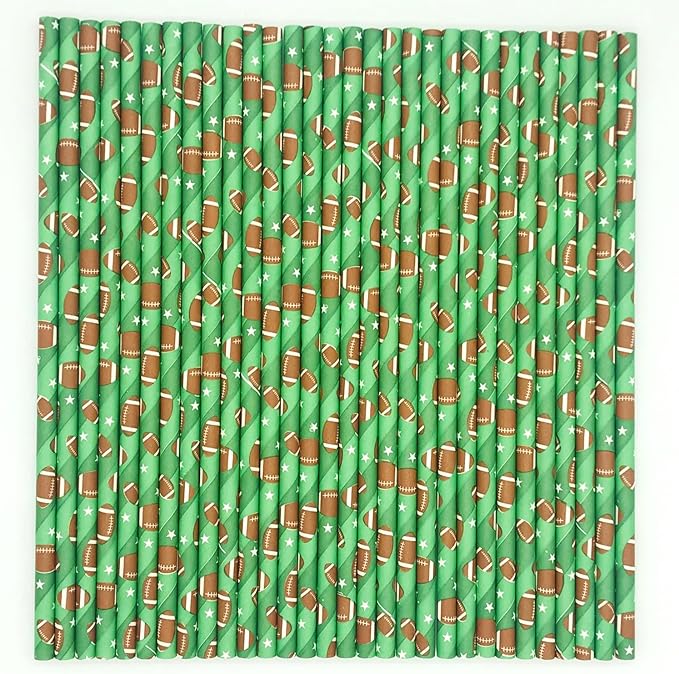100 pcs Sports Party Paper Straws, Ombre Green Stripe White Star Brown Rugby Football Bar Soda Beer Drinking Straws, Cute Biodegradable Decor Game Day Cake Pop Sticks (Green With Football)