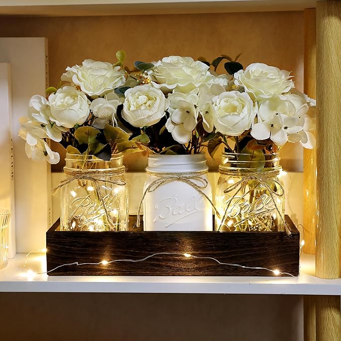 Mason Jar Centerpiece Table Decor for Dining Room Farmhouse Coffee Table Decor with Wood Tray Fairy Lights Fake Flowers for Valentine's Day Kitchen Living Dining Room - White