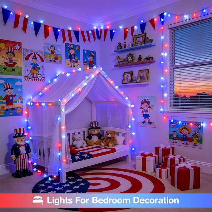 JMEXSUSS Red White and Blue Lights Plug in, 100 LED 33 FT Globe Star String Lights Indoor, USB 4th of July String Lights for Independence Day Patriotic Decoration