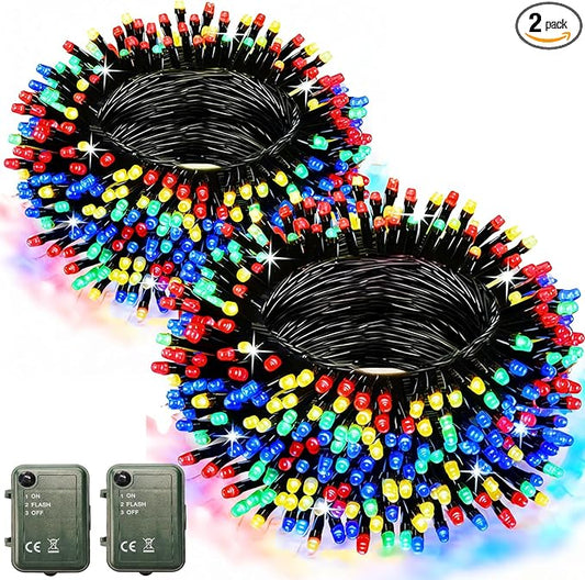 Pooqla Colorful String Lights Battery Powered, 2 Pack Total 66.6 FT 200 LED Christmas String Lights Indoor Outdoor Decoration, Twinkle Fairy Light for Classroom Dorm Bedroom Xmas Tree Party Décor