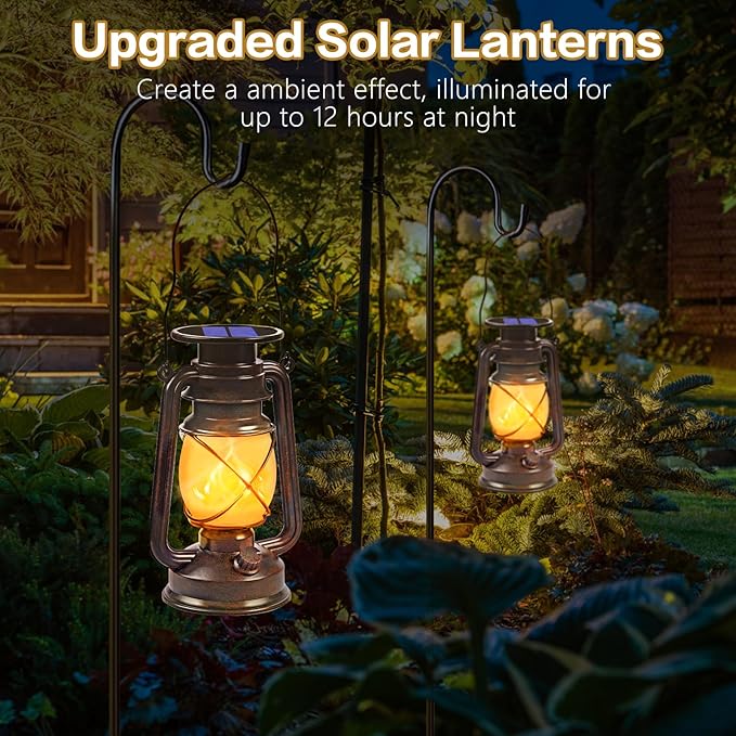 Wondrastical Solar Lanterns Outdoor Waterproof, 2 Pack Flickering Flame LED Hanging Lantern, Bronze Vintage Solar Powered Decorative Lights for Patio Porch Garden Yard Pathway Camping