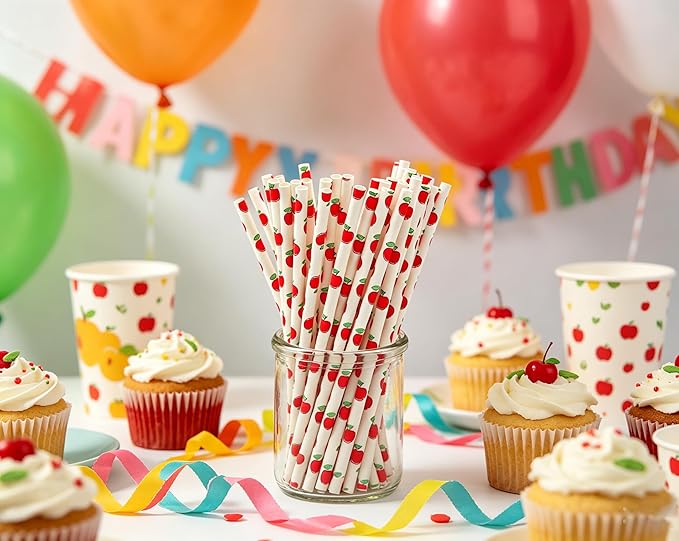 100 Pcs Disposable Straws, Biodegradable Paper Straws for Juices, Shakes, Smoothies, Party Supplies (ApplePattern)