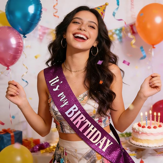 It's My Birthday Sash, Dazzle Foil Letter Glitter Purple Birthday Sash for Women Girl Kids Teenager Funny Bday Gifts Party Favors Photo Prop