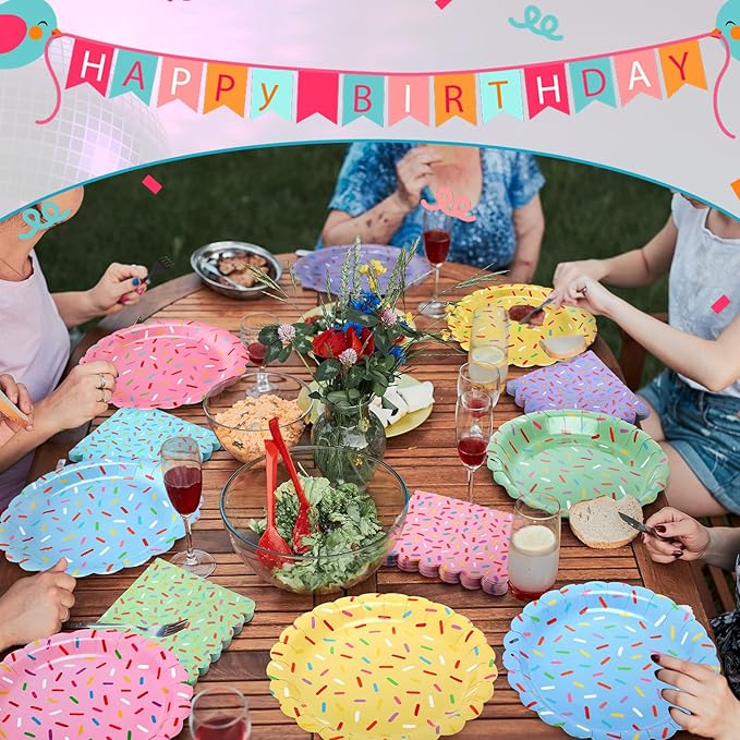 Mimorou 48 Pcs Donut Plates and Napkins Party Supplies Confetti Sprinkle Paper Plates Disposable Cocktail Napkins for Sprinkle Ice Cream Party Supplies Baby Shower Decorations for 24 Guest (Scalloped)