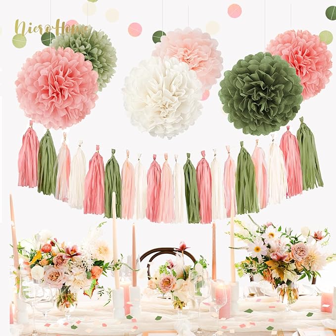 Wedding Party Decorations, 27 PCS Pink Sage Green Tissue Paper Pom Poms, Circle Dots Garland Paper Tassels Hanging Decor for Baby Shower Bridal Shower Engagement Birthday Party Supplies