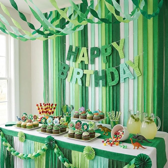 Koogel 12 Rolls Gradient Green Crepe Paper Streamers - 1.8 in x 82 ft Each - Bulk Decorations for St. Patrick's Day, World Cup Soccer Party, Tropical Fiesta, and Piñata Making Supplies