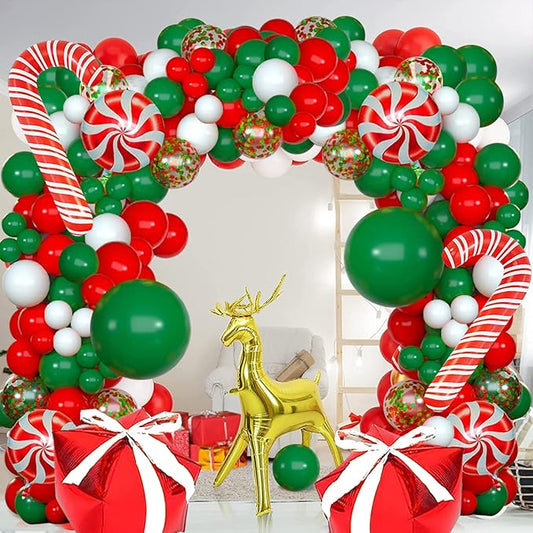 Christmas Balloons Garland Arch Kit, Xmas Red Green White Confetti Balloons with Candy Cane Foil Balloons for Christmas Party Birthday Xmas Party Decorations