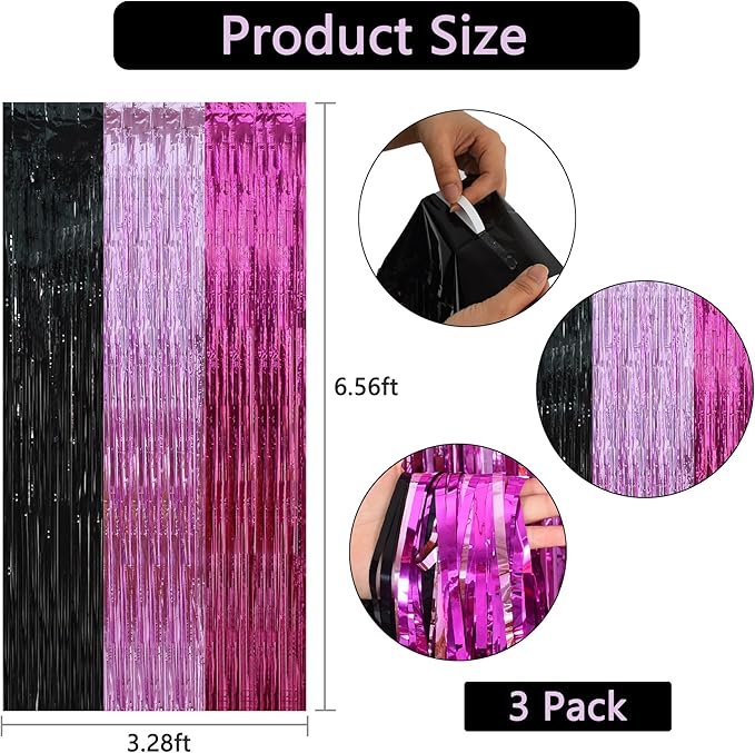 BEISHIDA 3Pcs Pink Black Hot Pink Door Streamer Colorful Backdrop Foil Fringe Tinsel Curtains Cartoon Mouse Backdrops for Birthday Baby Shower Children's Day Party Decoration (3.28 ft x 6.56 ft)