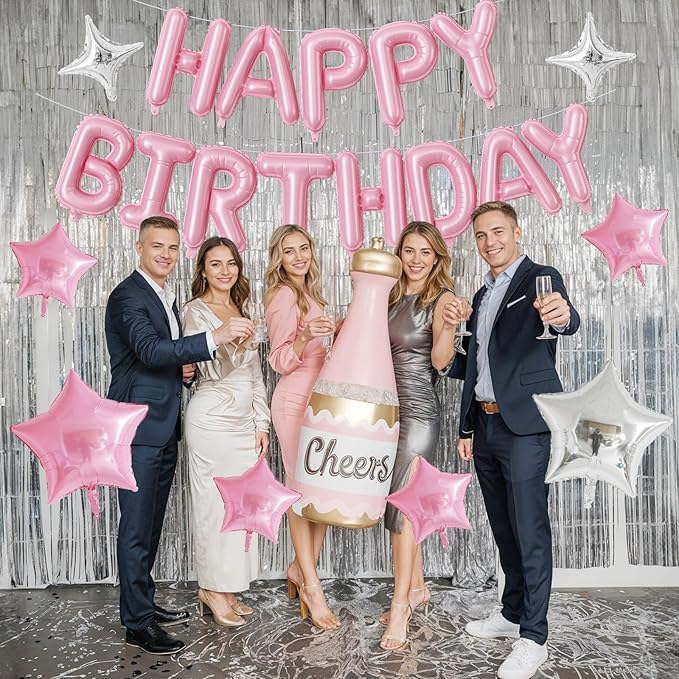 Happy Birthday Balloon Banner, 16 Inch Light Pink Mylar Foil Letter Balloons, Reusable Birthday Decorations with Pastel Pink and Silver Star Balloon, Inflatable Party Supplies for Women Girls Decor