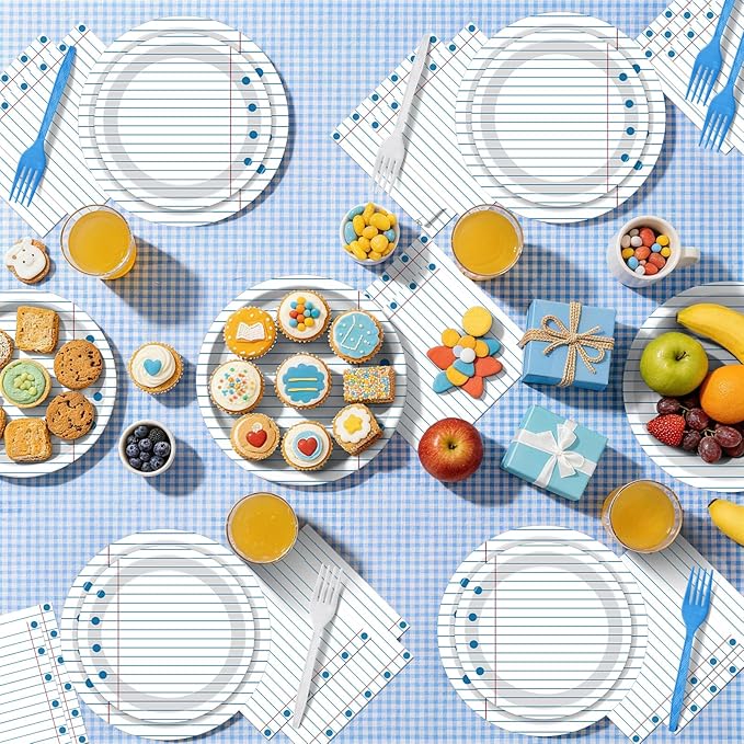 100 Pcs Back to School Party Supplies - Serves 25, Notebook Lined Paper Disposable Tableware, Includes Paper Plates, Napkins, and Plastic Forks for Kids’ Birthday, Classroom, Teacher Themed Decoration