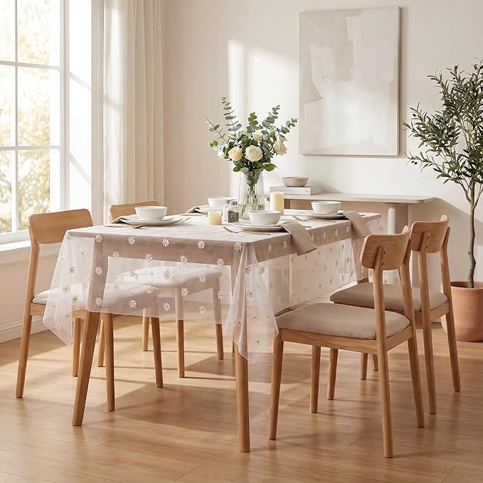 Horaldaily White Embroidery Daisy Spring Summer Gauze Tablecloth 60×84 Inch Rectangular, Seasonal Tulle Table Cover, Garden Party Decorations for Wedding, Party, Holiday Dining