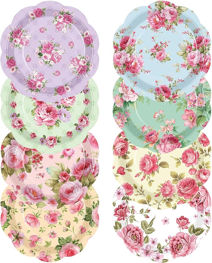 80 Pcs Spring Floral Paper Plates 7 Inch Vintage Scalloped Tea Party Plates Pink Flower Colorful Disposable Dinnerware Dessert Dish for Wedding Bridal Shower Baby Shower Birthday Party Decoration