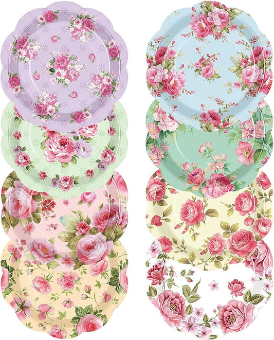 80 Pcs Spring Floral Paper Plates 7 Inch Vintage Scalloped Tea Party Plates Pink Flower Colorful Disposable Dinnerware Dessert Dish for Wedding Bridal Shower Baby Shower Birthday Party Decoration