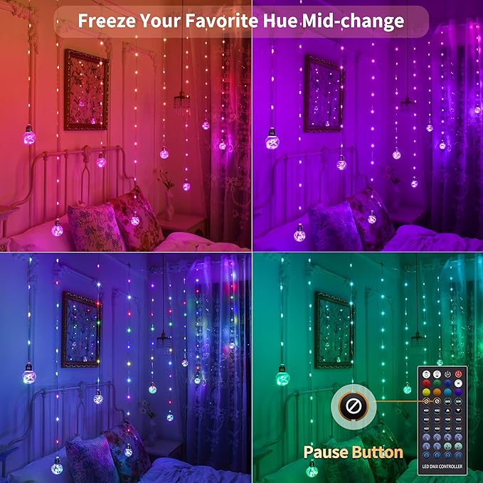 Color Changing Wishing Ball Curtain Lights, 9.8 x 3.3 FT RGB LED Fairy Light with Remote App Control, Music Sync Window Backdrop Wall Hanging Lights for Bedroom Party Halloween Christmas Decoration