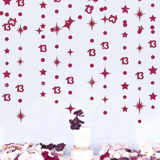 Burgundy 13th Birthday Decorations Number 13 Circle Dot Star Garland Glitter Streamer Banner Backdrop for Girls Boys Official Teenager Cheers to 13 Years Old Birthday 13th Anniversary Party Supplies