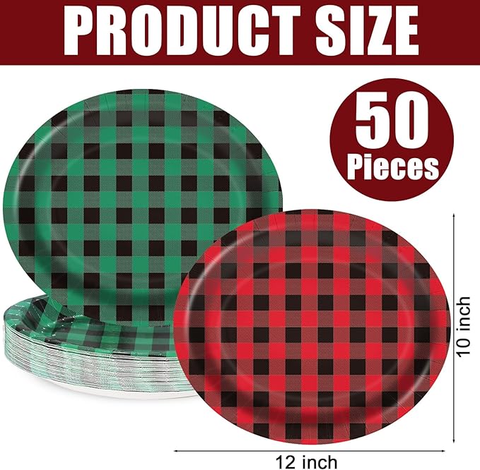 Red and Green Gingham Christmas Oval Paper Plates 10’’x 12’’ Large Disposable Heavy Duty Red and Green Gingham Plaid Paper Plates for Birthday Christmas Baby Shower Tea Party Supplies, 50 Guest