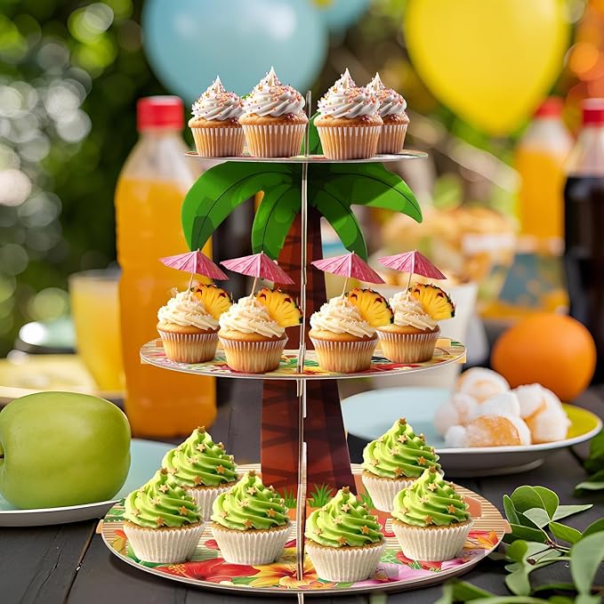 3-Tier Cupcake Stand - Palm Tree Party Decor for Luau, Hawaiian & Tropical Themed Events - Multi-Colored Cardboard Tiered Tray for Beach & Pool Party Decorations