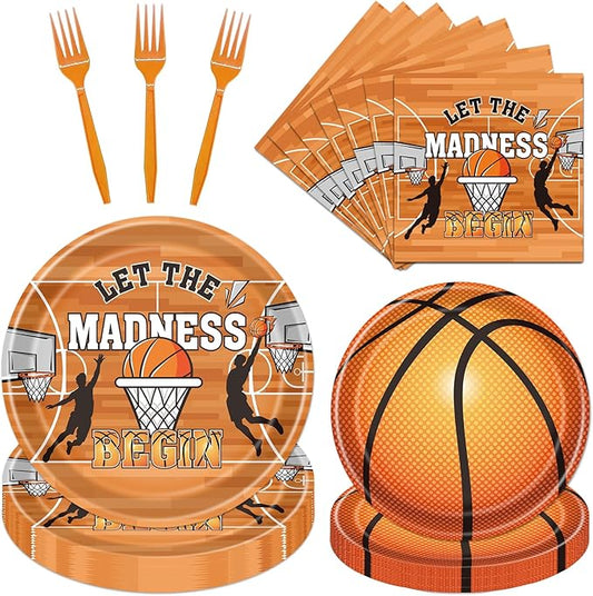 Rakuto March Basketball Party Decorations, 96PCS Let the Madnes Begin Disposable Paper Plates Napkins and Forks Party Decoration, Madnes Sports Theme Birthday Decor for Kids Boys Supplies Serve 24