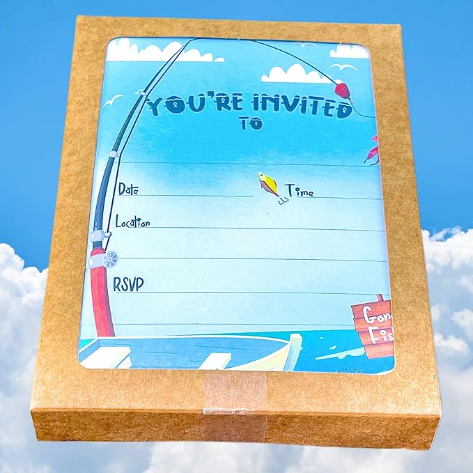 25 Gone Finishing Invitations With Envelopes, Fill In Style You're Invited Birthday Fishing Party For Adult & Kids. Boat & Fishing Rod Design With Sea & Gone Fishing Sign. Thick & Non Coated Cardstock