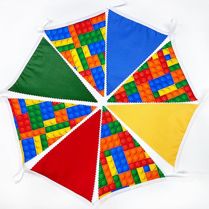 32Ft Building Block Party Decorations Red Blue Yellow Green Colorful Building Block Triangle Flag Pennant Bunting Banner Fabric Garland Streamers for Kids Birthday Baby Shower Outdoor Garden Decor