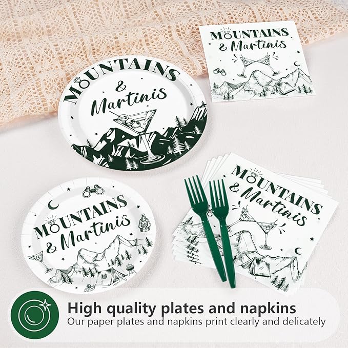 96Pcs Camp Bachelorette Decorations Green Tiny Bit Bridal Shower Plates and Napkins Mountains and Martinis Tableware Set for Camp Wedding Engagement Bachelorette Party Supplies, Serves 24