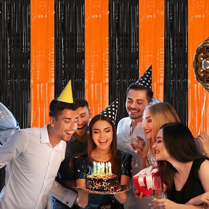 PIGETALE 2 Pack Black and Orange Tinsel Foil Fringe Curtain, 3.2Ftx8.2Ft Halloween Backdrop Curtains Photo Booth Props Streamers Christmas Birthday Party Anniversary Wedding Retirement Decorations