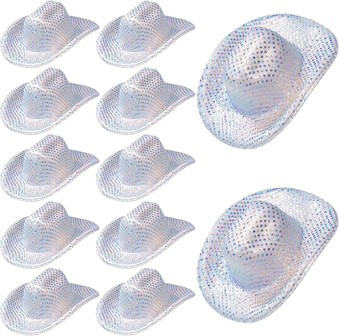 Sotiff 12 Pcs Mini Disco Cowboy Hat Mini Western Cowboy Cowgirl Hat Light up Holographic Space Miniature Cute Neon Party Decor for Party Doll