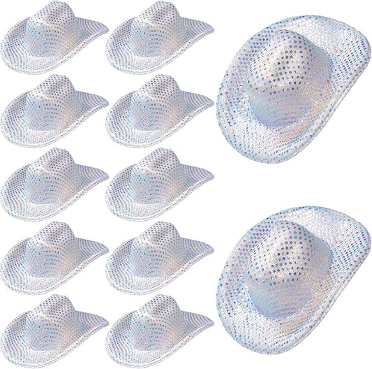 Sotiff 12 Pcs Mini Disco Cowboy Hat Mini Western Cowboy Cowgirl Hat Light up Holographic Space Miniature Cute Neon Party Decor for Party Doll