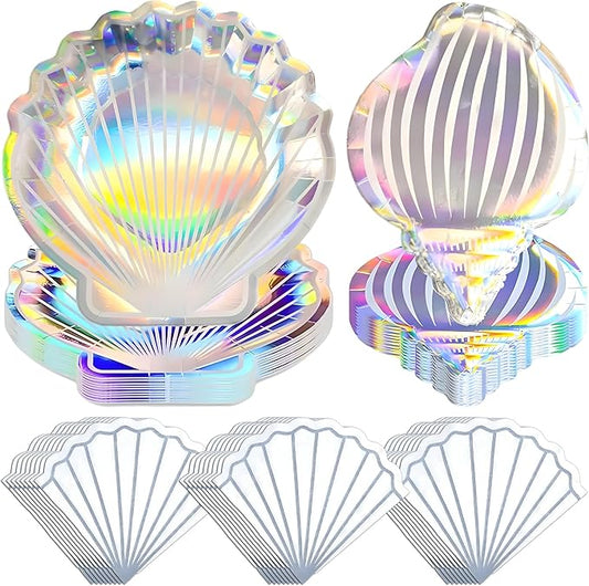 KatchOn, Iridescent Seashell Plates and Napkins - Pack of 48 | Sea Shell Plates for Seashell Birthday Decorations, Mermaid Party Decorations | Iridescent Party Plate, Mermaid Birthday Decorations
