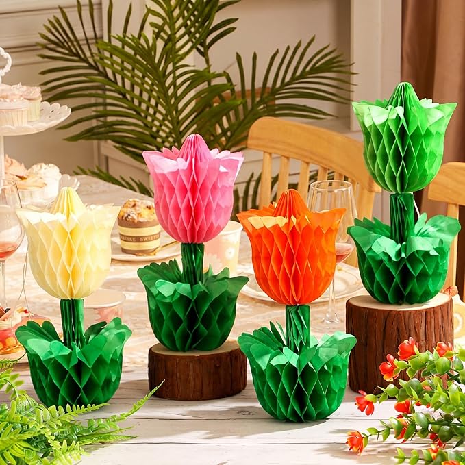 Colingmill 10 Pcs Spring Flower Honeycomb Centerpieces Tulip Mother's Day Decoration Spring Flower Party Supplies Tulip Floral Tabletop for Home Office Garden Wedding Tiered Tray Party Decor