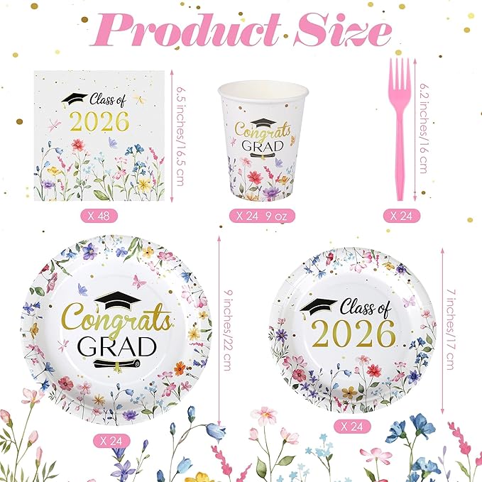 Kochorie 144 Pieces Floral Graduation Party Decorations, Class of 2026 Pink Wildflower Congrats Grad Tableware Sets Including Paper Plates Napkins Cups Forks for Women College High School, Serves 24