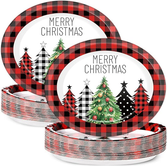 50Pcs Christmas Buffalo Plaid Tree Oval Plates 11 Inch Red and Black Checkered Party Supplies Merry Christmas Disposable Dinnerware Plates Xmas Serving Tray for Winter Holiday Party Decorations