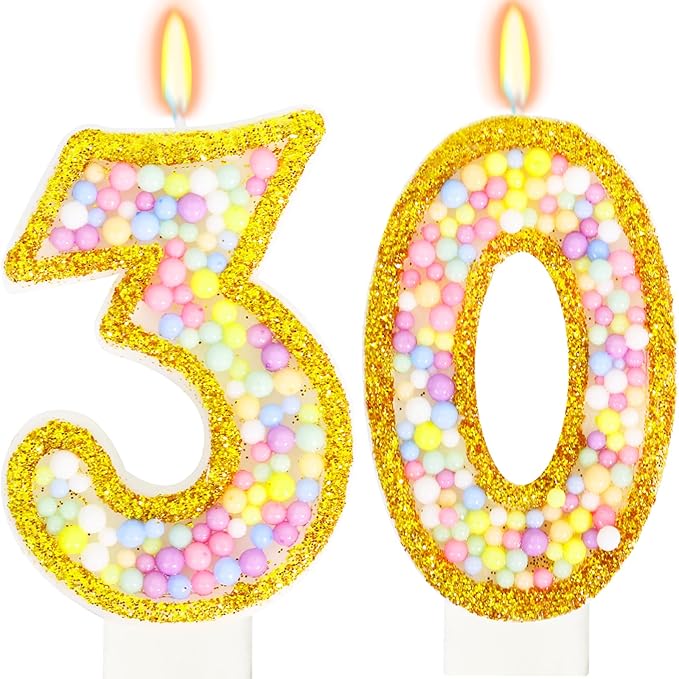 30th Birthday Candle for Cake, Colorful Macaron Numeral Candles for Women/Men, Birthday Party Cake Decorations, Golden Cake Topper for Birthday Party Supplies (Number 30)