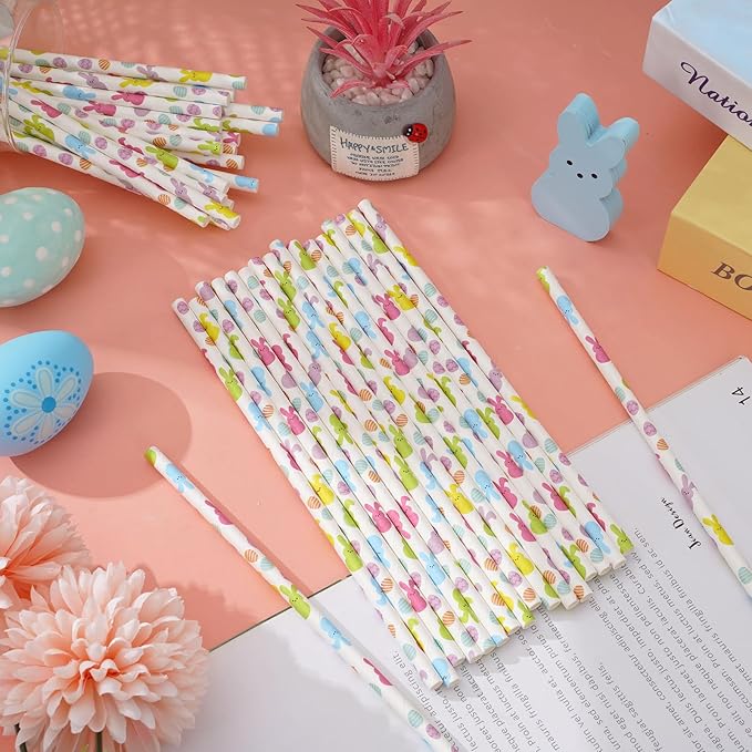 JarThenaAMCS 200Pcs Easter Paper Straws Easter Egg Bunny Drinking Straws Colorful Easter Party Disposable Straw for Holiday Birthday Party Supplies