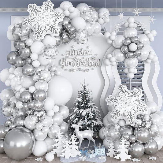 Winter Wonderland Snowflake Balloon Arch Garland Kit, 116PCS White and Silver Latex Balloons with Snowflake Foil Balloons for Winter Onderland New Year Wedding Birthday Christmas Party Decorations