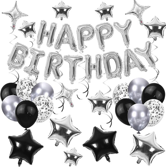 56 PCS Happy Birthday Balloons Happy Birthday Banner Silver and Black Balloons for Boys Men Girls Women 16th 18th 20th 21st 25th 30th 40th 50th 60th Birthday Party Decorations